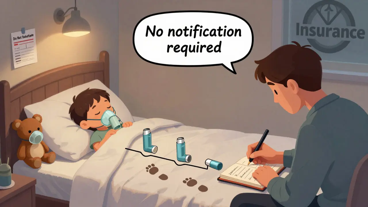 Parent logs medication changes beside sleeping child, with three inhalers marked on timeline.