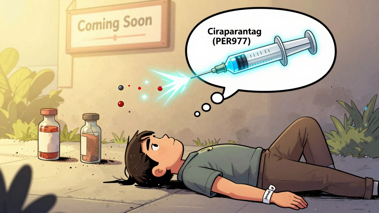 Patient falling with a futuristic universal reversal syringe glowing in their thought bubble, outdated drugs dissolving behind.