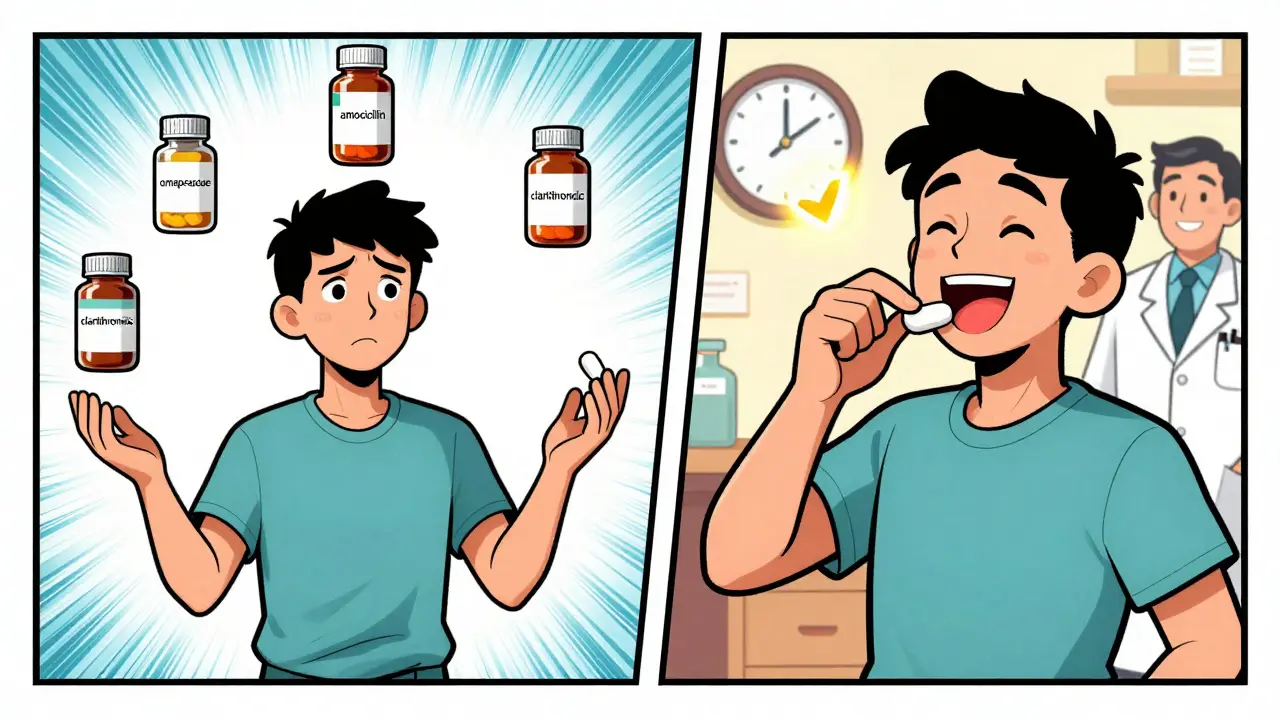 Patient happily taking one combined pill instead of juggling three separate pills for stomach treatment.