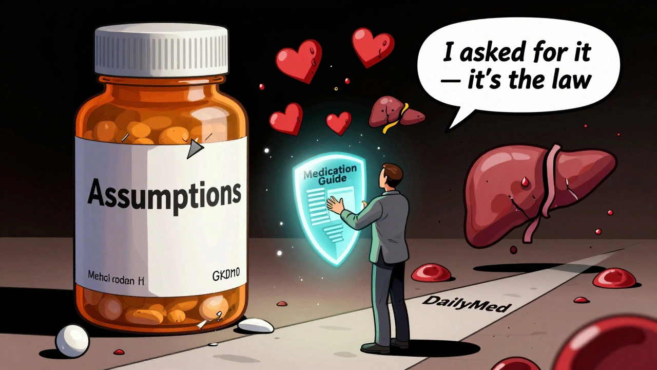 Patient holds a glowing Medication Guide as a shield against medical danger symbols, standing before a crumbling pill bottle labeled &#039;Assumptions&#039;.