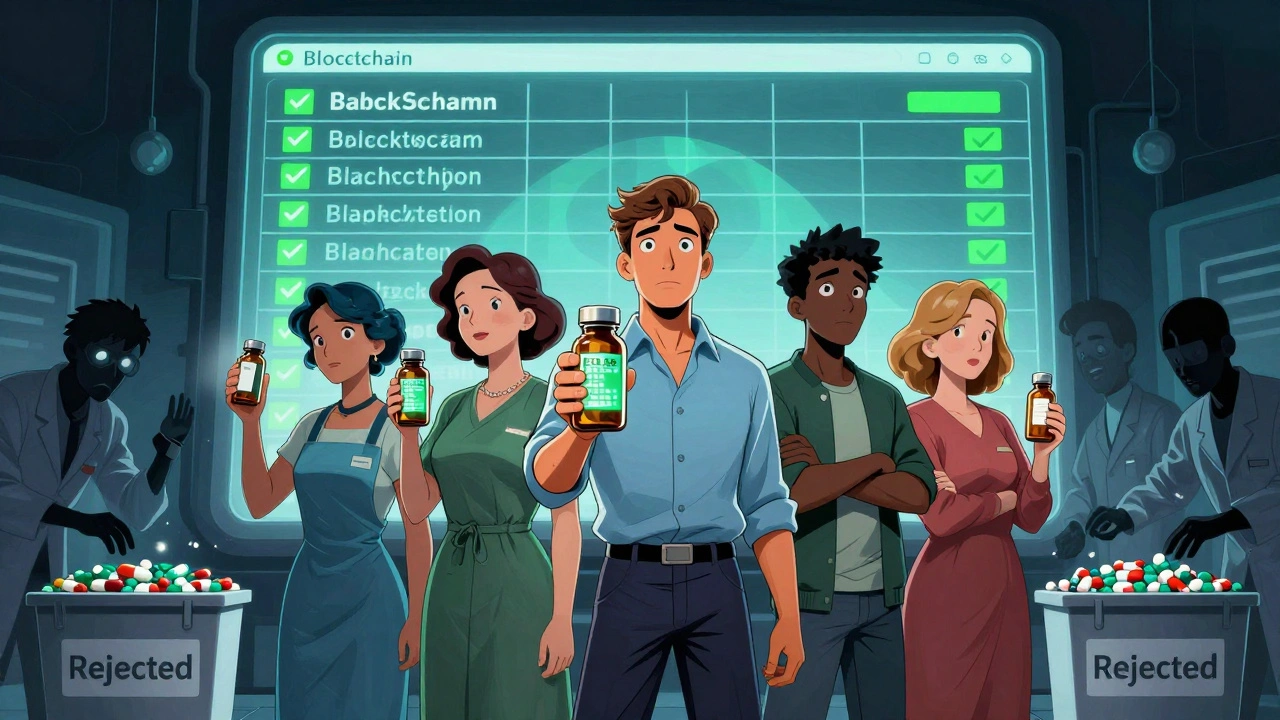 Patients hold medicine with digital tags while counterfeit drugs are rejected on a glowing blockchain screen.