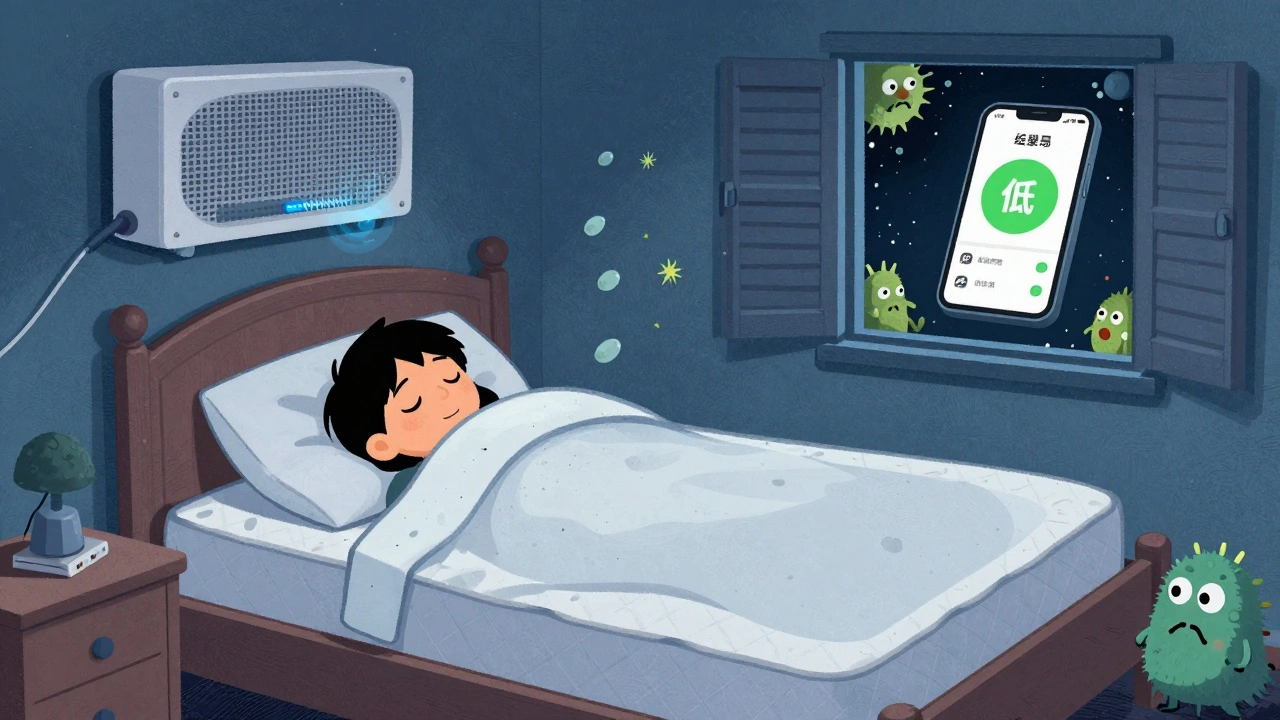 Peaceful bedroom with allergen-proof bedding and HEPA filter, pollen counts low on phone app.