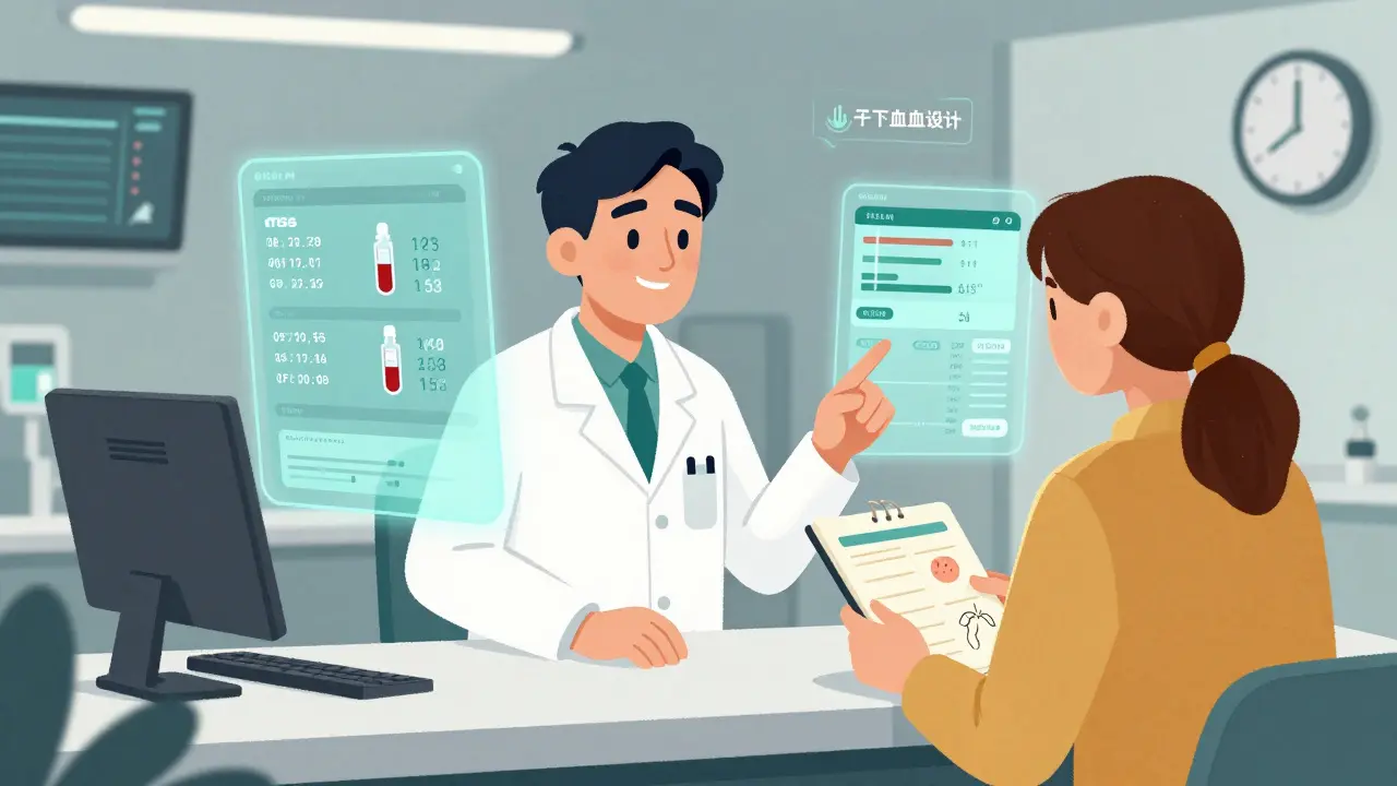 Pharmacist and patient reviewing AI-generated dosage data with floating health metrics in a modern clinic.