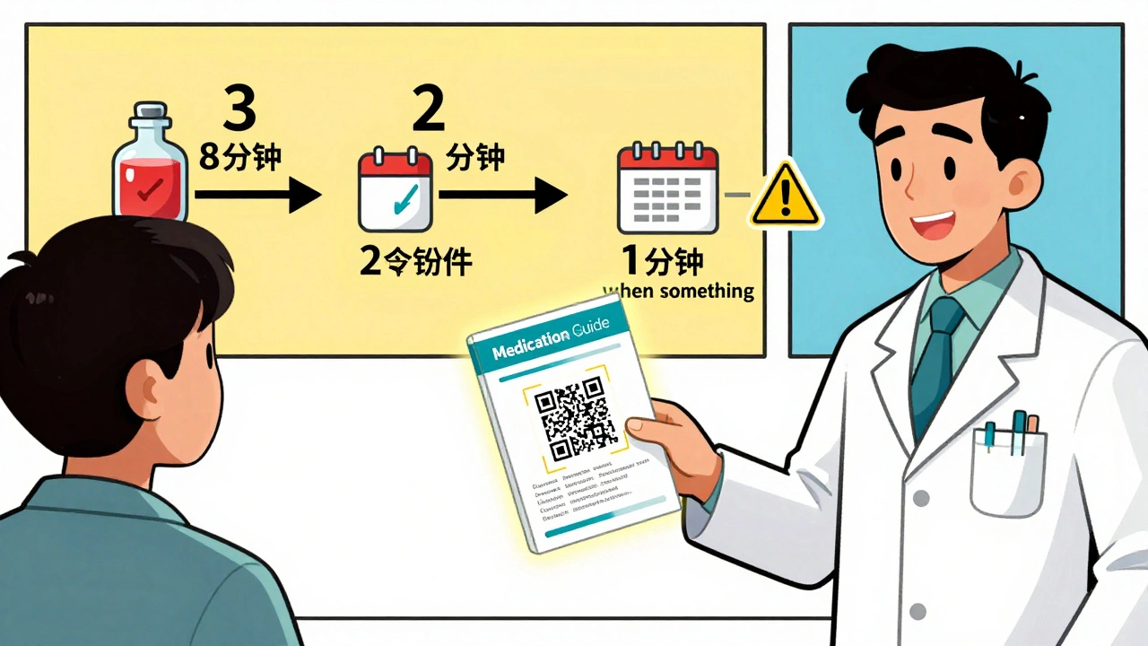 Pharmacist gives a patient a Medication Guide with a QR code, while a timeline shows the 3-2-1 reading method with monitoring icons.
