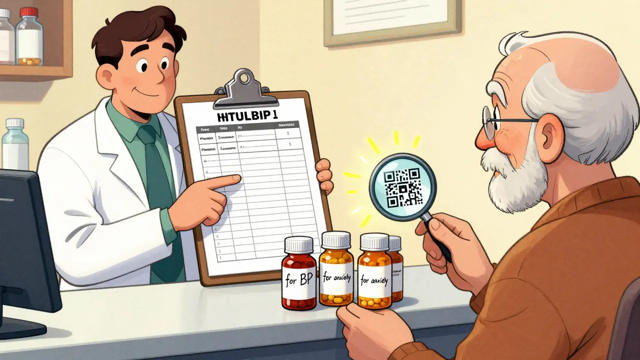 Pharmacist helping a senior patient organize multiple medications with handwritten labels and a glowing QR code.