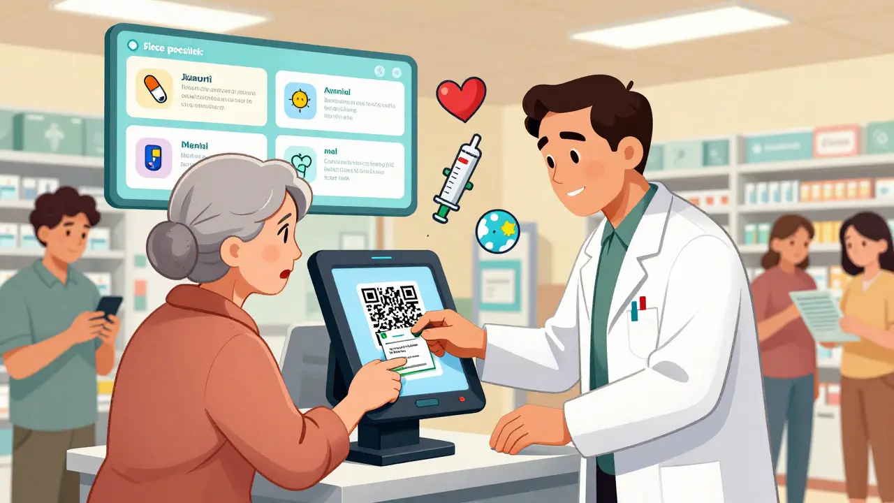 Pharmacist helping an older woman use a pharmacy kiosk to scan a prescription QR code, with digital health info appearing on screen.