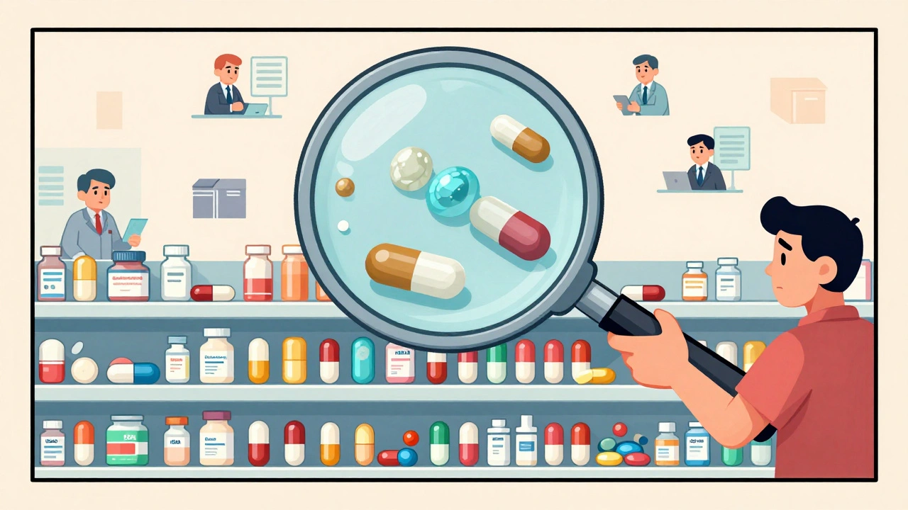 Pharmacy shelf of generic pills under a magnifying glass revealing identical active ingredients to brand drugs.