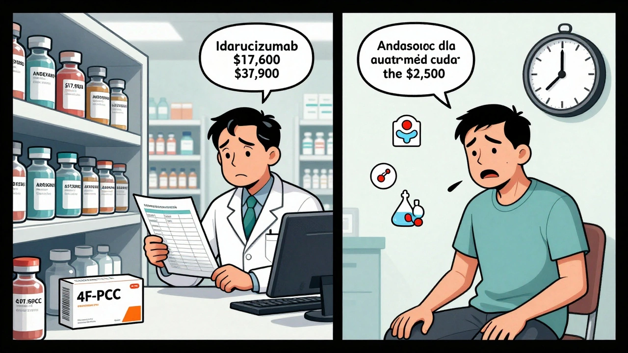 Pharmacy shelf with expensive reversal drugs next to a budget spreadsheet and a patient experiencing stroke symptoms.