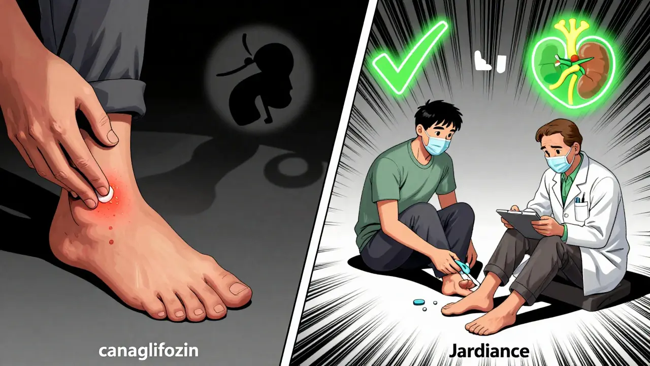 Split comic panel: one side shows neglect leading to risk, the other shows safe foot care and switching medications.