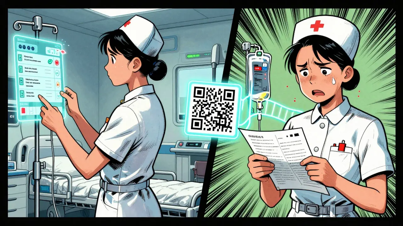 Split-panel comic: nurse scanning an IV bag's QR code in future ICU vs. struggling with tiny printed label in past.