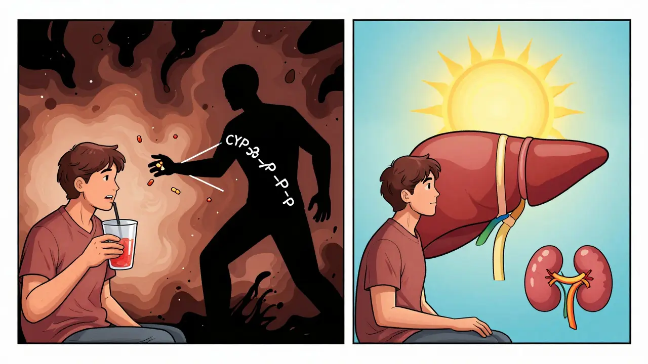 Split panel: toxic colchicine buildup vs. safe azithromycin use, showing enzyme blockage and clear metabolic pathways.