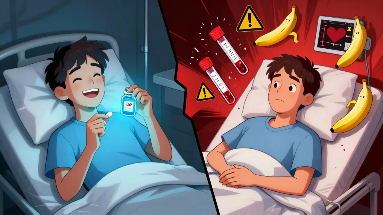 Split scene showing safe vs. dangerous lithium dosage with exploding warning symbols and blood tests.