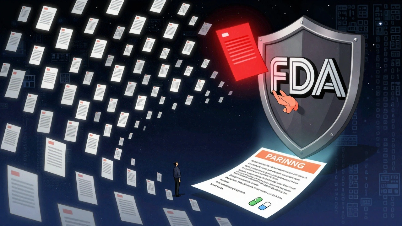 Thousands of patient reports flowing into a giant FDA safety shield, one report rising to trigger a drug warning.