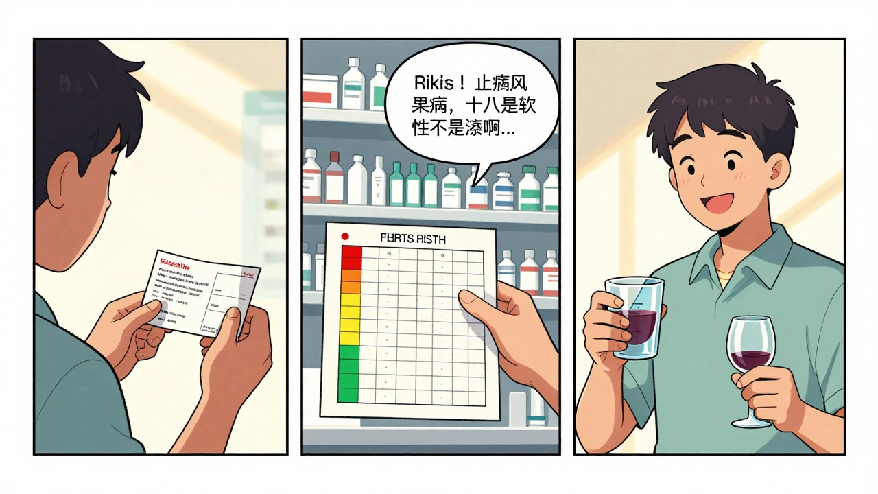 Three-panel comic: person reading label, pharmacist showing color-coded chart, patient measuring drink safely.