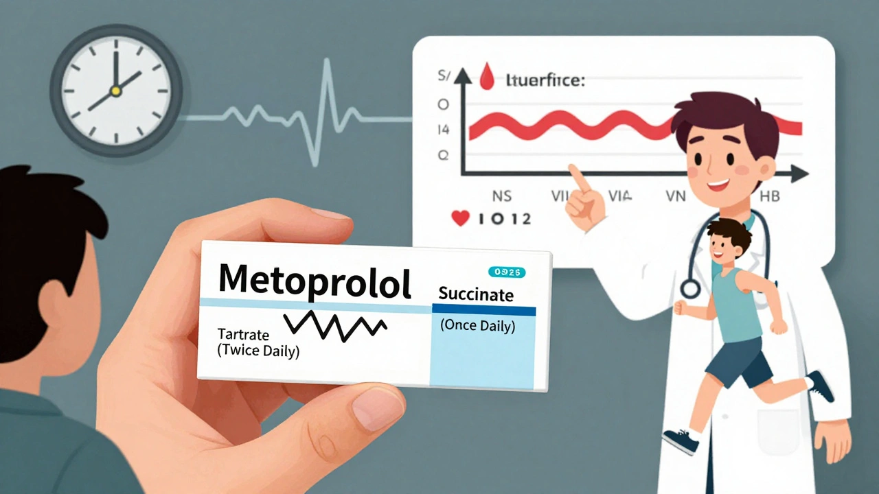 Two metoprolol pills compared: one causing fatigue, the other steady energy with smooth waves