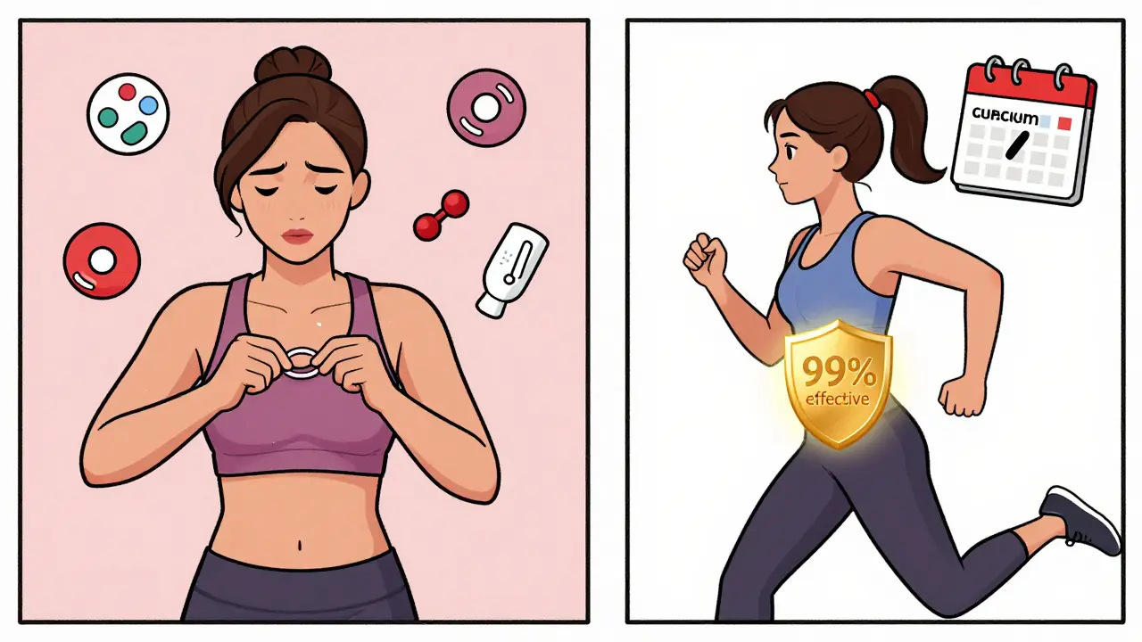 Woman struggling with a slipped vaginal ring versus another woman jogging confidently with an IUD and 99% effectiveness symbol.