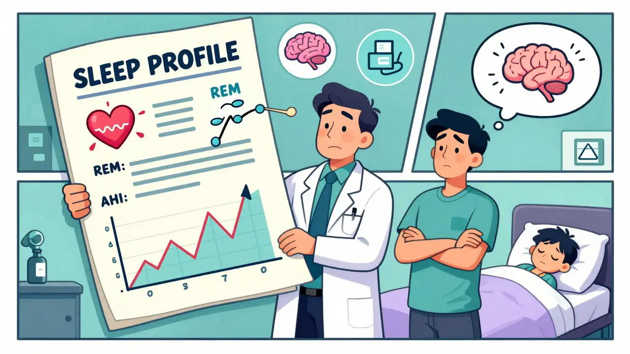 A doctor presents a detailed sleep report with icons for oxygen, leg movements, and brain waves, patient looking relieved.