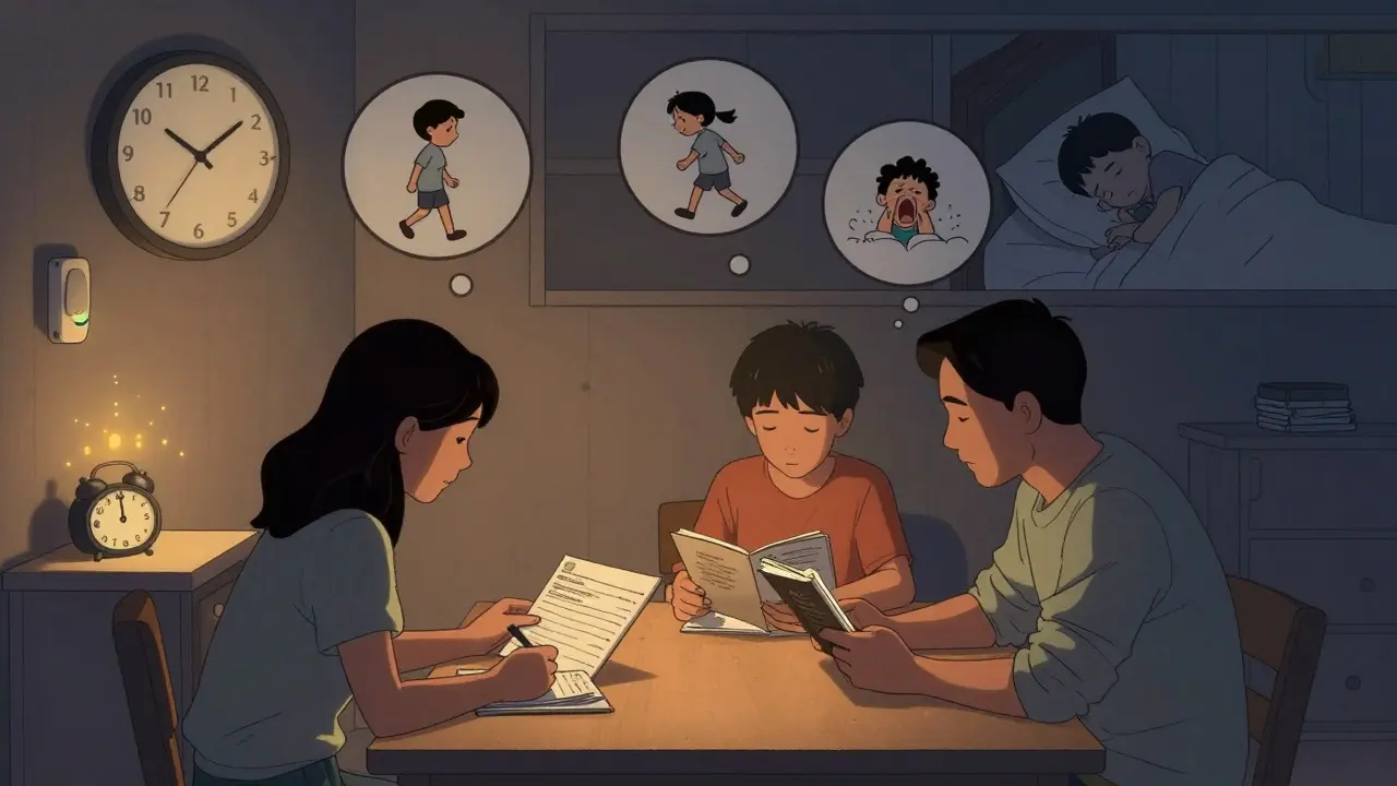 A family reviews a sleep diary at dinner, with sleep safety tools visible in the background.