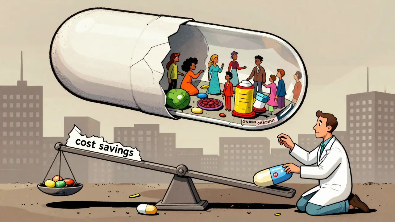 A giant cracked pill reveals cultural conflicts inside, while a pharmacist restores balance with a culturally sensitive medication.