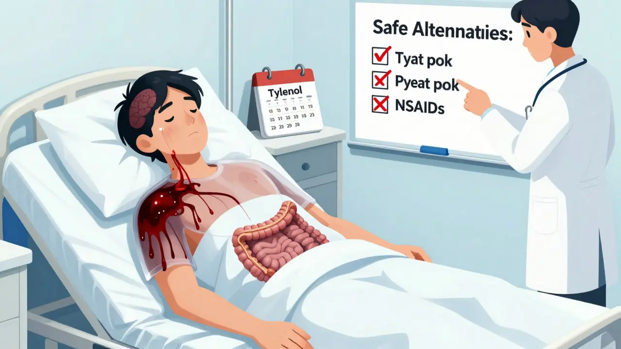 A patient in hospital bed with internal bleeding shown transparently, surrounded by safe pain relief alternatives like heat packs and topical gel.