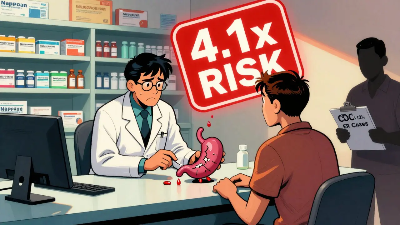 A patient receives naproxen at a pharmacy while a giant '4.1x RISK' label looms overhead, with a damaged stomach cartoon beside the pills.