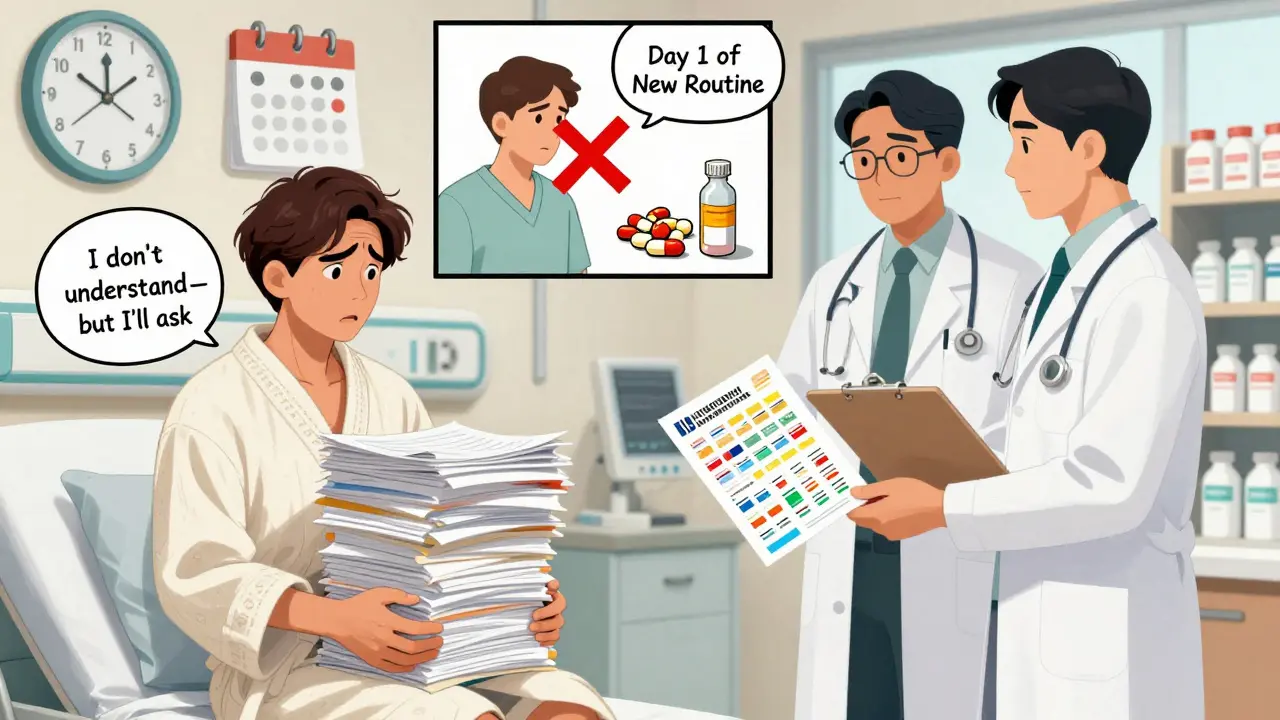 A patient receiving discharge papers at a hospital, overwhelmed, while staff hand them a large-print medication guide.