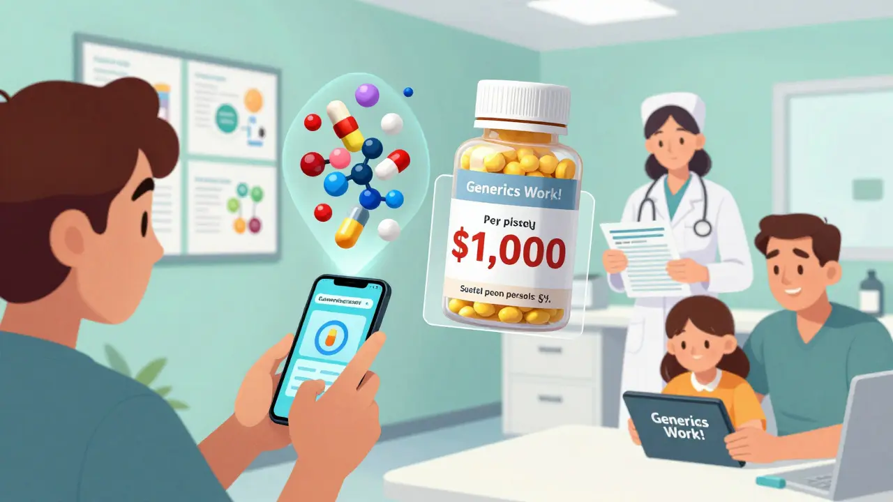 A patient scans a pill bottle with their phone, revealing a 3D AR comparison of brand and generic drug molecules with savings displayed above.
