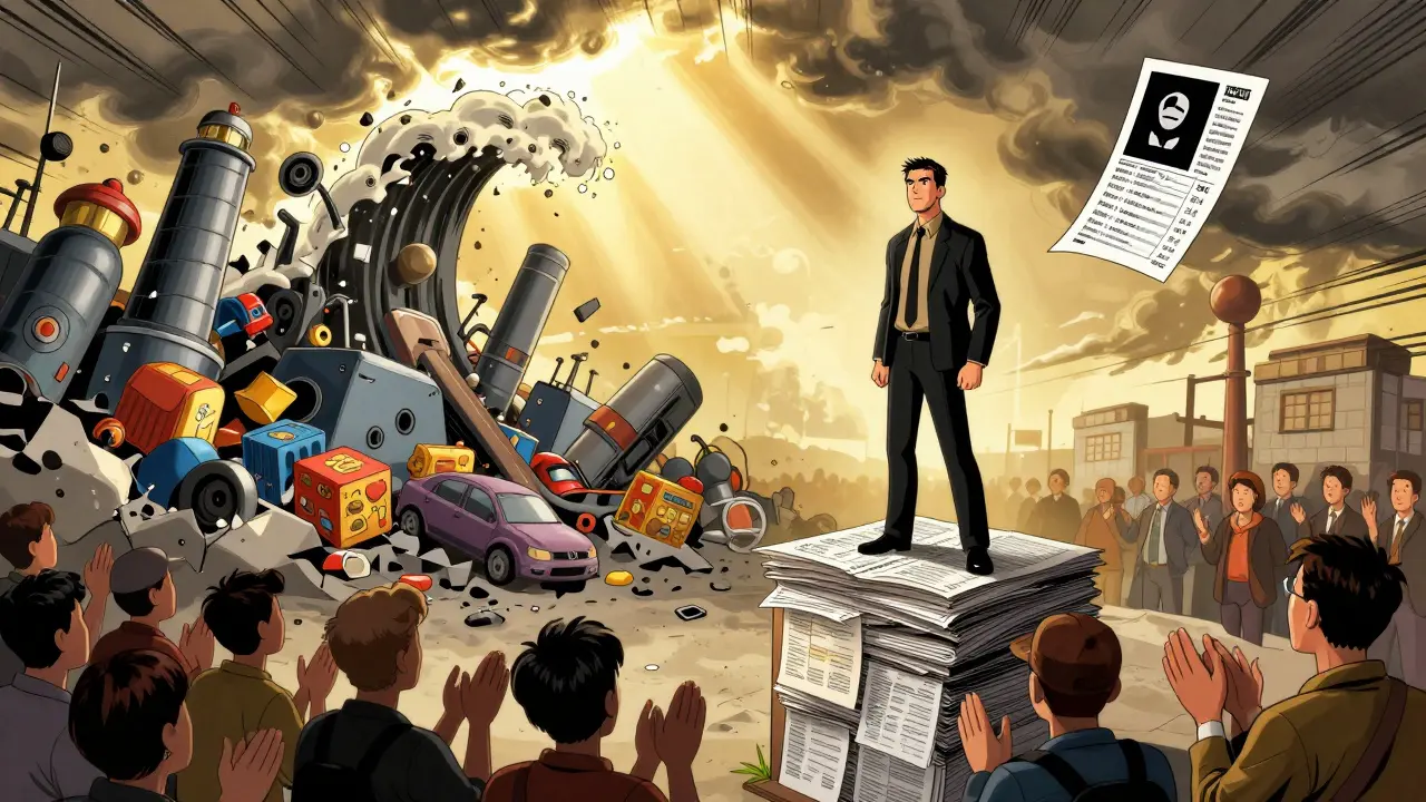 A whistleblower stands tall amid collapsing unsafe products, workers cheering, while a blacklisted resume drifts away.