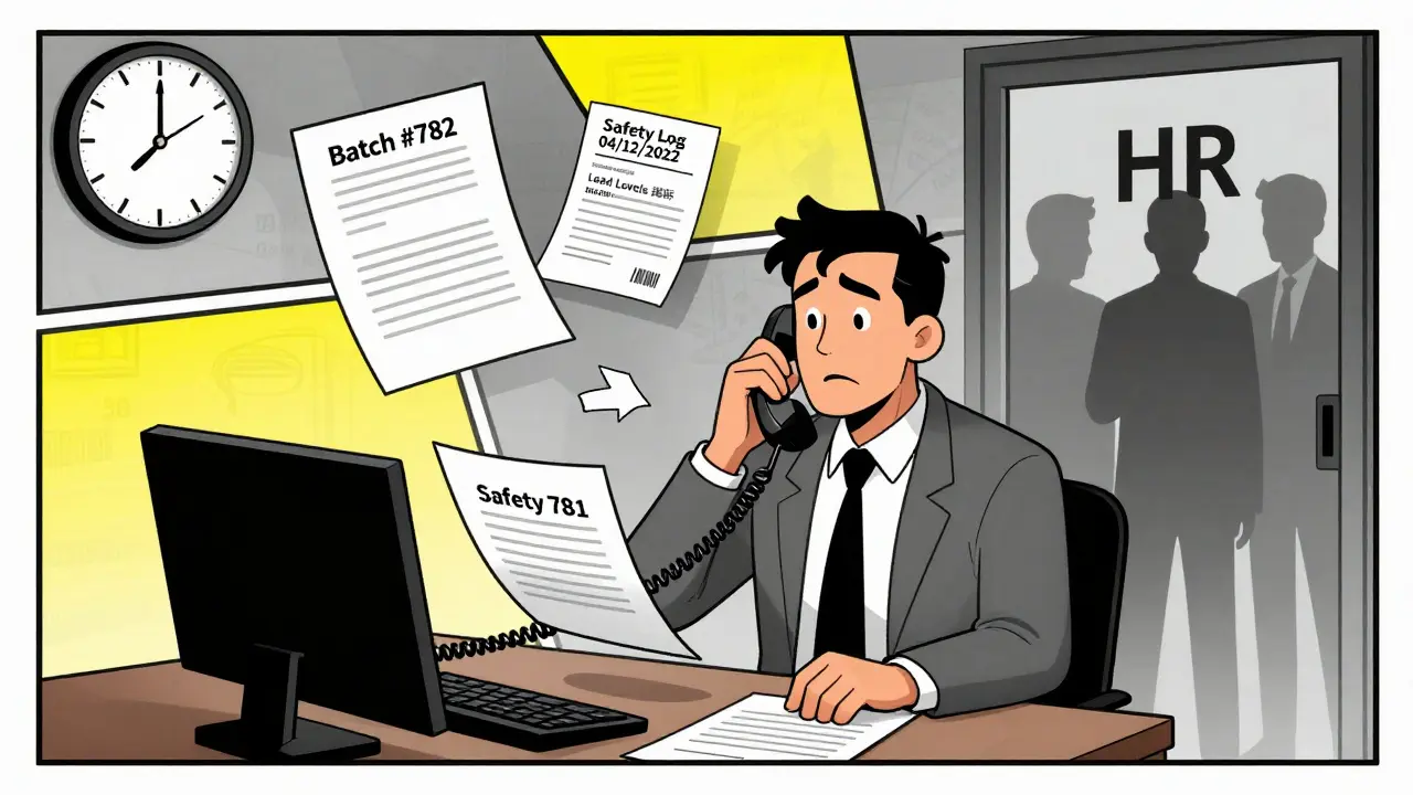 A worker files an OSHA complaint with documents floating around, a deadline clock ticking, and shadowy HR figures watching.