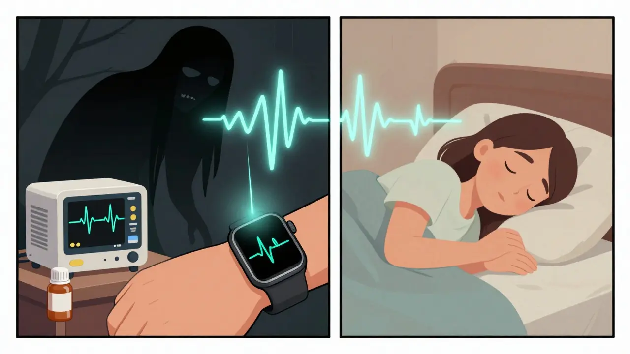 An adult's Apple Watch gently interrupts a night terror with a soft sound, while their partner sleeps peacefully.