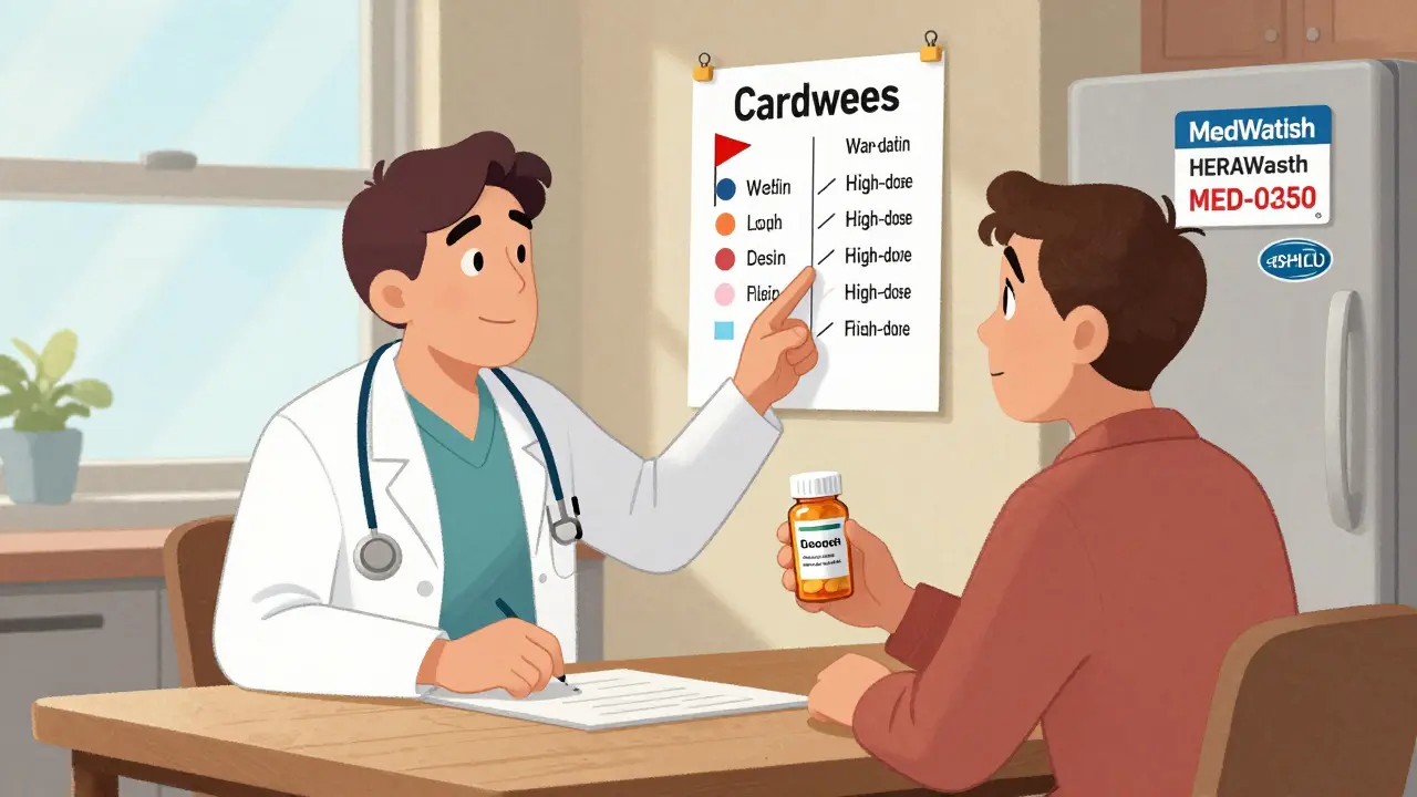 Cardiologist and patient discussing medication safety at home, with a chart highlighting high-risk drugs.