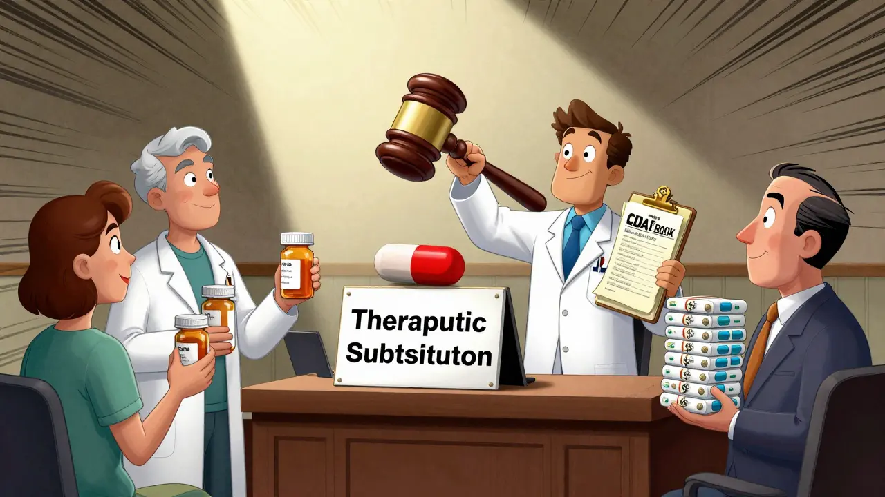 Courtroom scene with judge holding FDA book, pharmacist and patient vs. pharmacy executive with dollar-signed pills