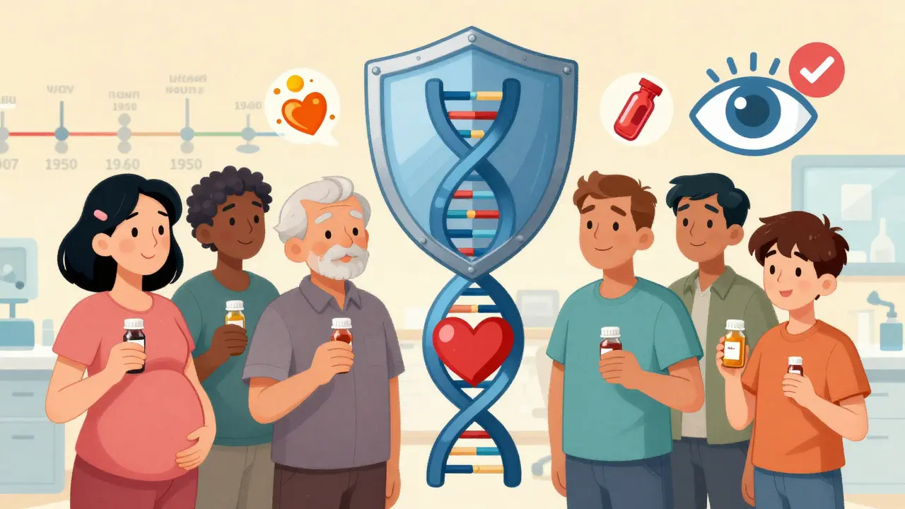Diverse group of lupus patients under a protective DNA-heart shield, with icons of reduced inflammation and safe eye monitoring.