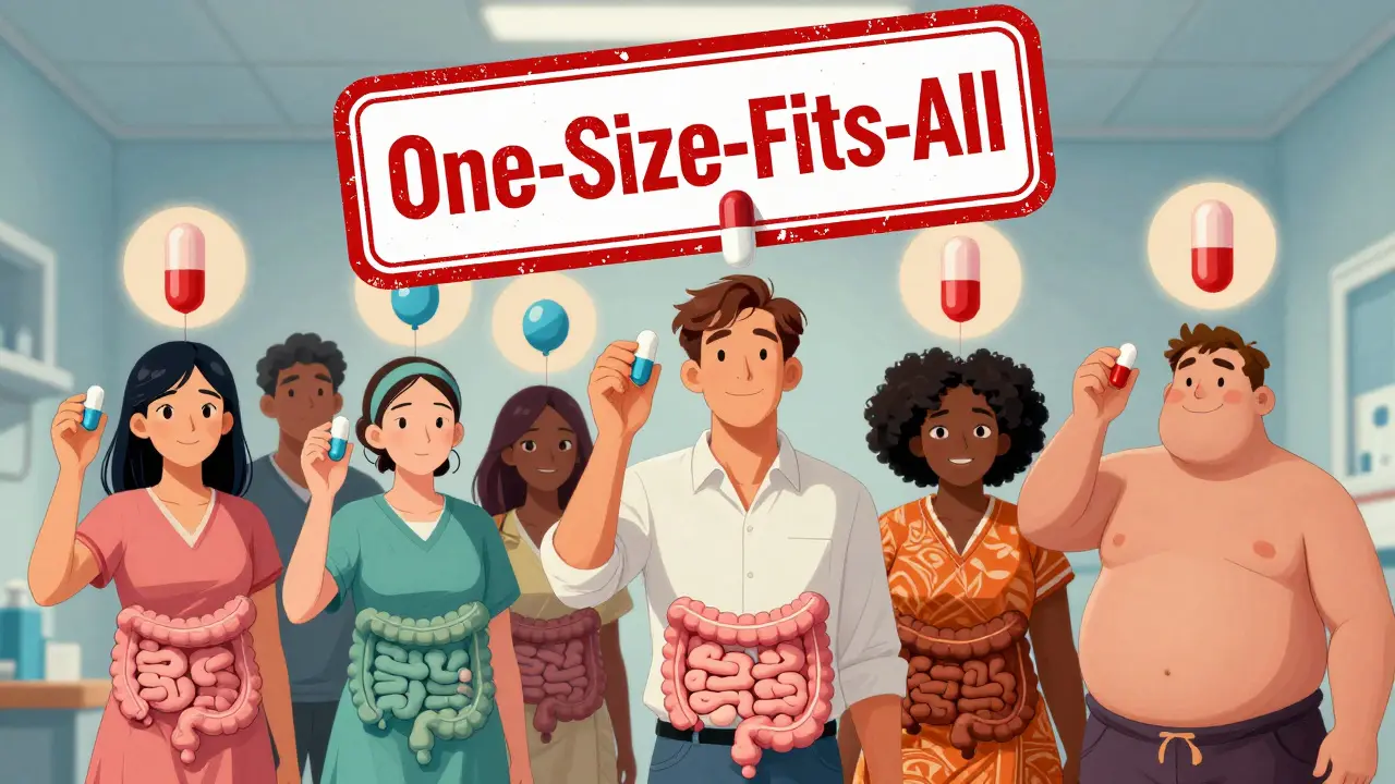 Diverse patients taking the same pill, each with unique digestive paths showing how ethnicity affects drug absorption.