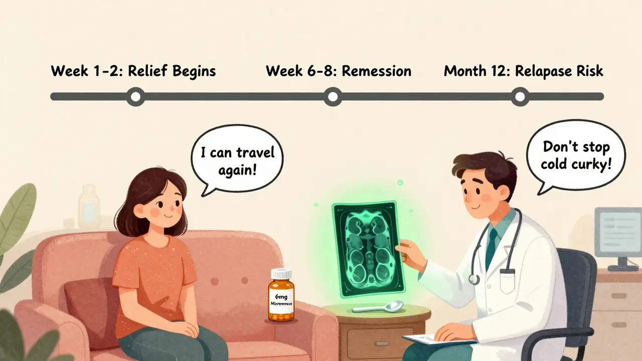 Doctor and patient reviewing treatment timeline with maintenance pill and cholestyramine, relapse risk shown on timeline.