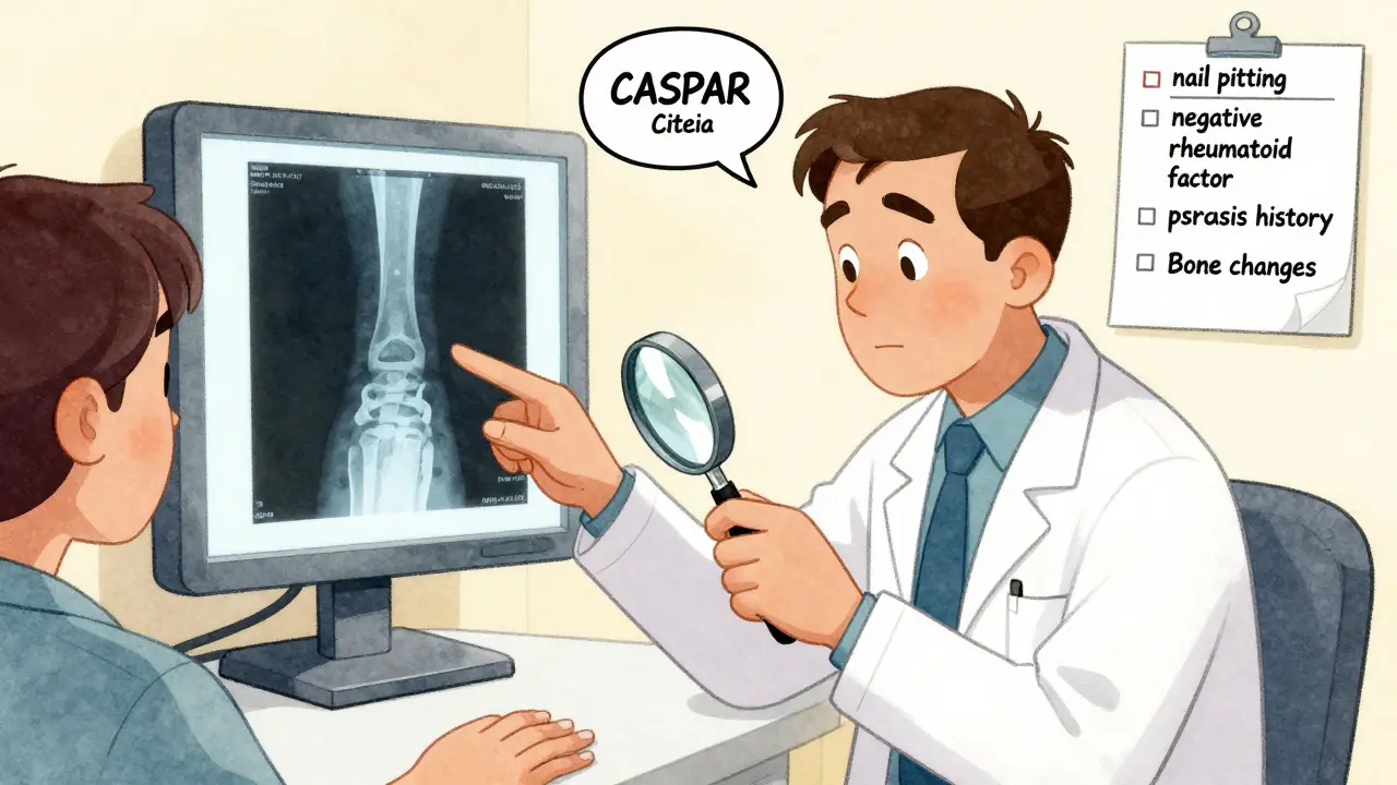 Doctor examining nail and X-ray with CASPAR criteria floating as comic bubbles.