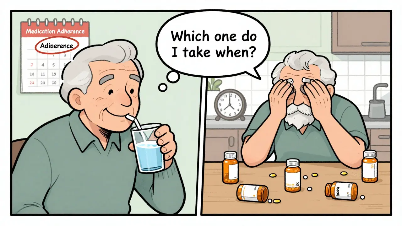 Elderly patient calmly taking one pill vs. overwhelmed by multiple pills on kitchen table