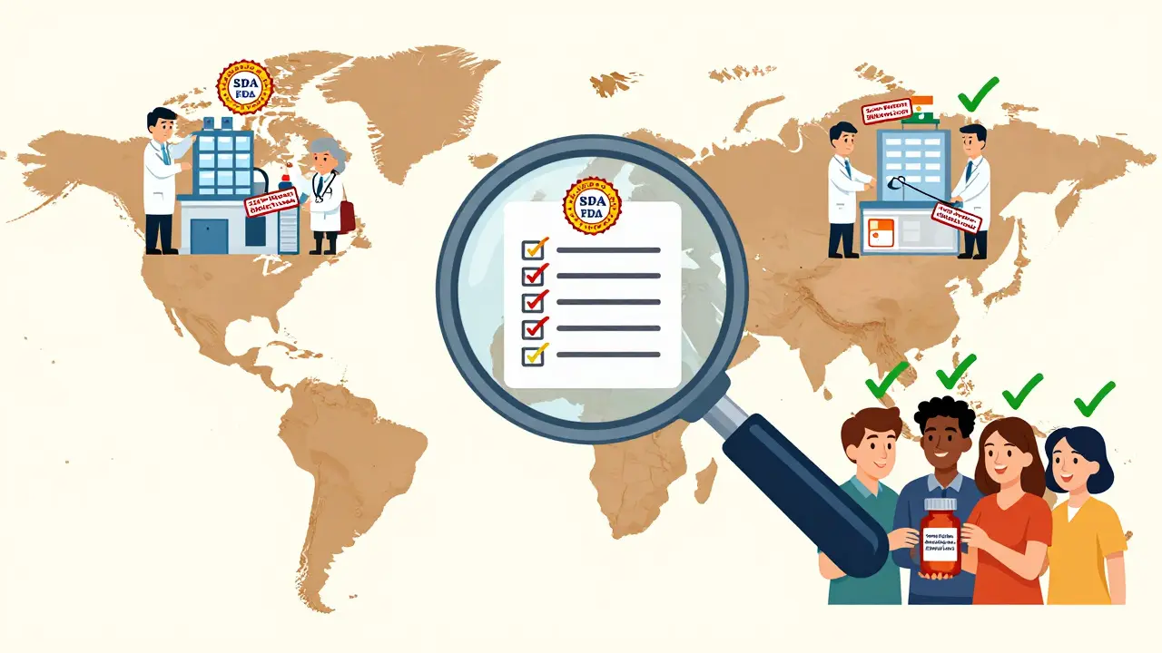 FDA inspectors check drug factories in the U.S., India, and China under the same safety standards, with patients holding generic pills and smiling.
