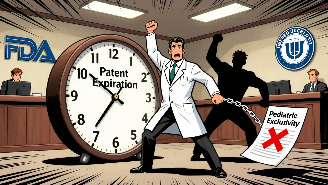 Generic drug maker defeating patent barriers with a clock showing expiration, while exclusivity chains are broken.