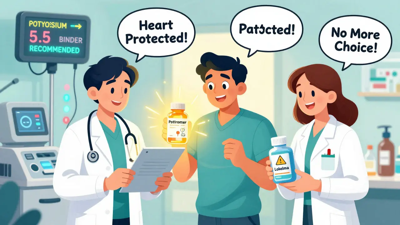 Medical team reviewing chart with potassium binder options glowing, digital alerts flashing, hopeful lighting.