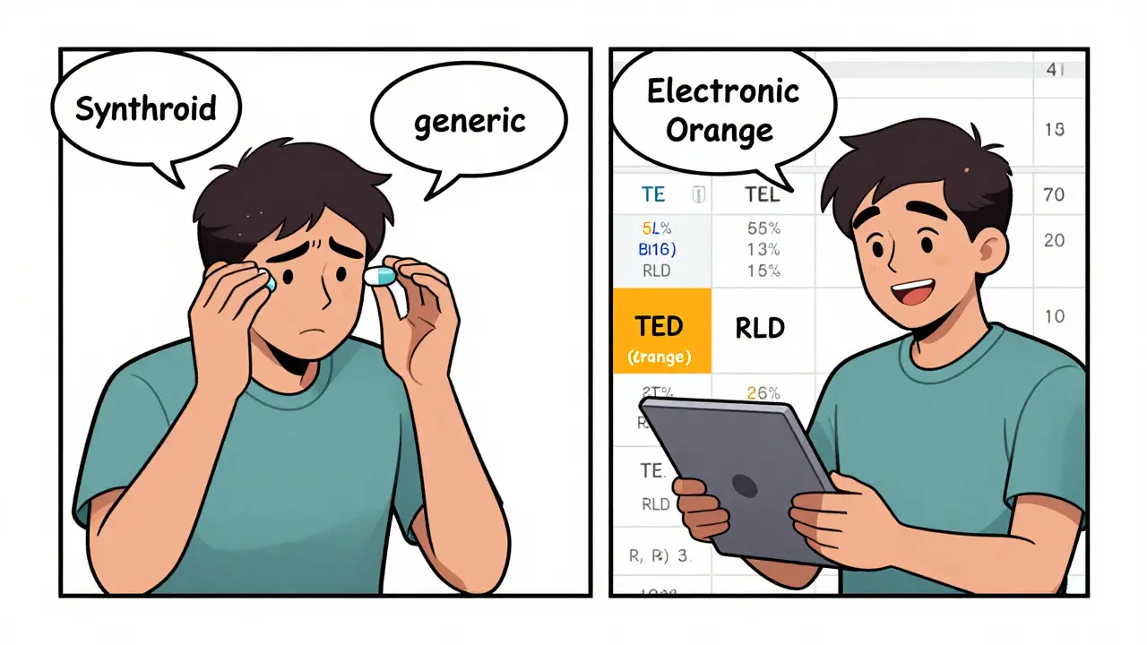 Patient comparing pills, then checking the Electronic Orange Book on a tablet with clear TE codes.