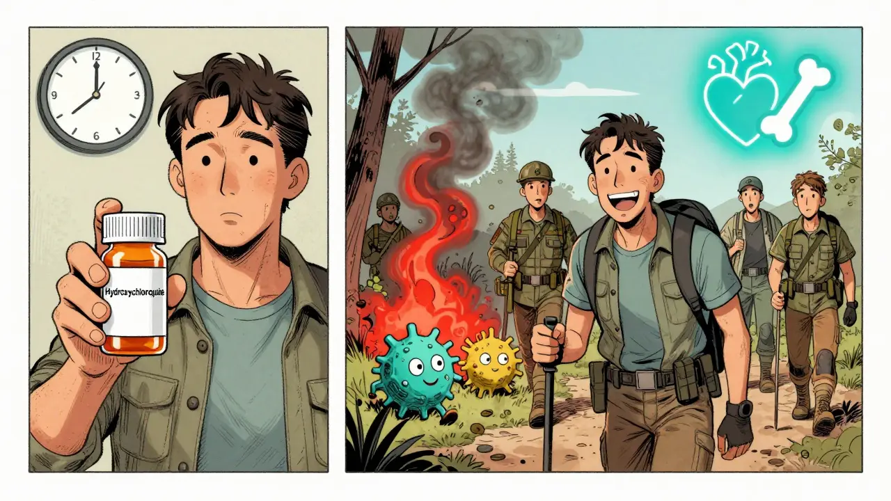 Patient holding hydroxychloroquine bottle, transitioning from joint pain to active life, immune cells calming as health symbols glow.