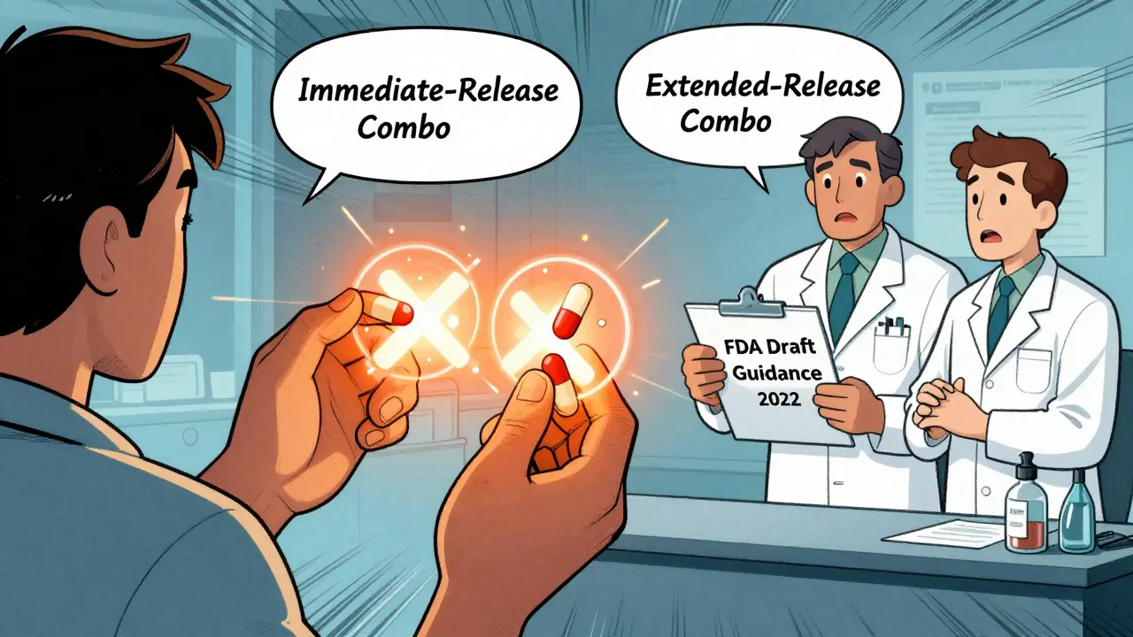 Patient holding two similar pills with internal release mechanisms revealed, while a doctor and pharmacist debate.