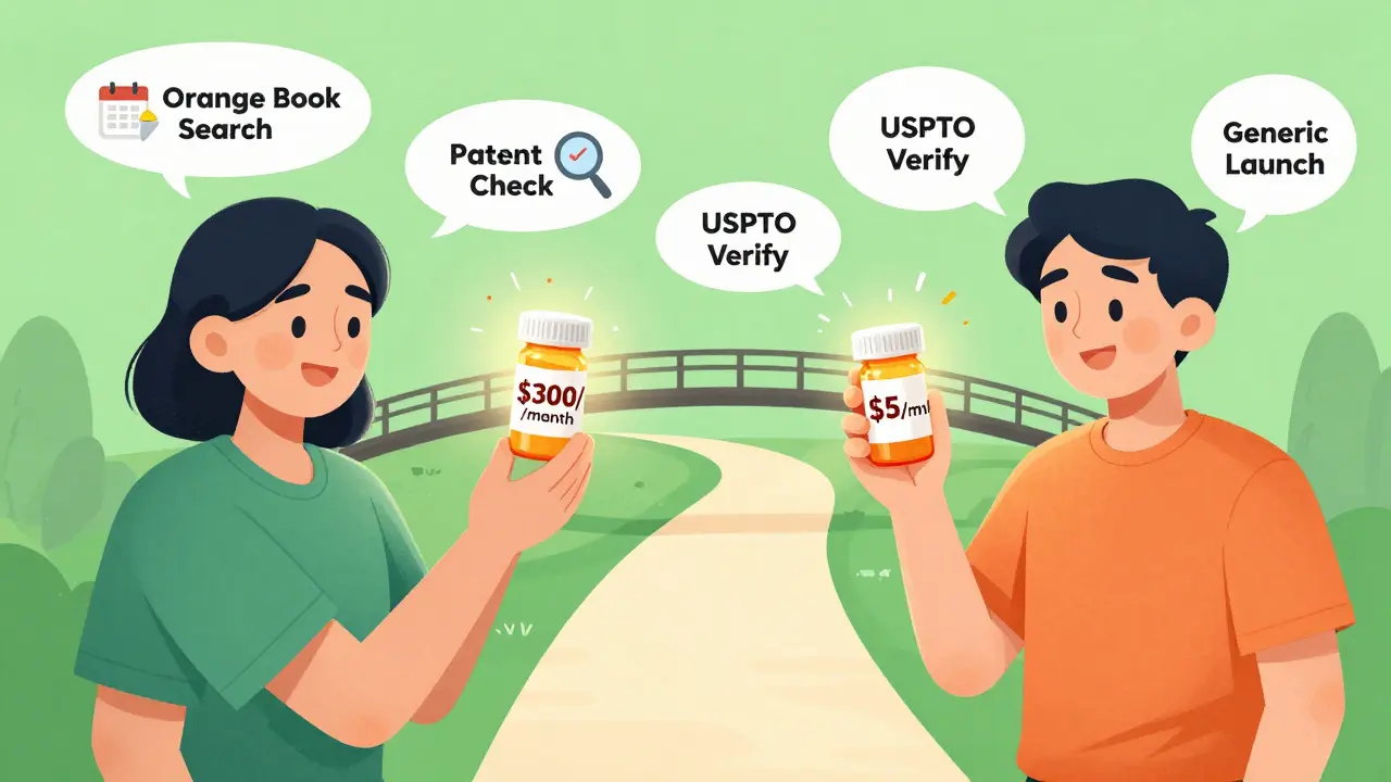 Patient timeline showing transition from expensive brand drug to affordable generic via Orange Book and USPTO verification.