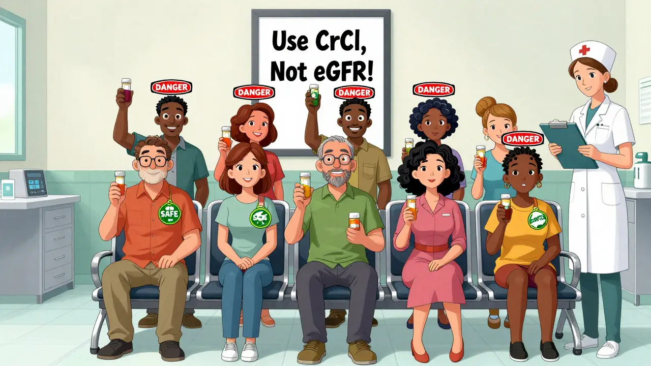 Patients in clinic with apixaban users safe and others marked dangerous, poster says 'Use CrCl, Not eGFR'