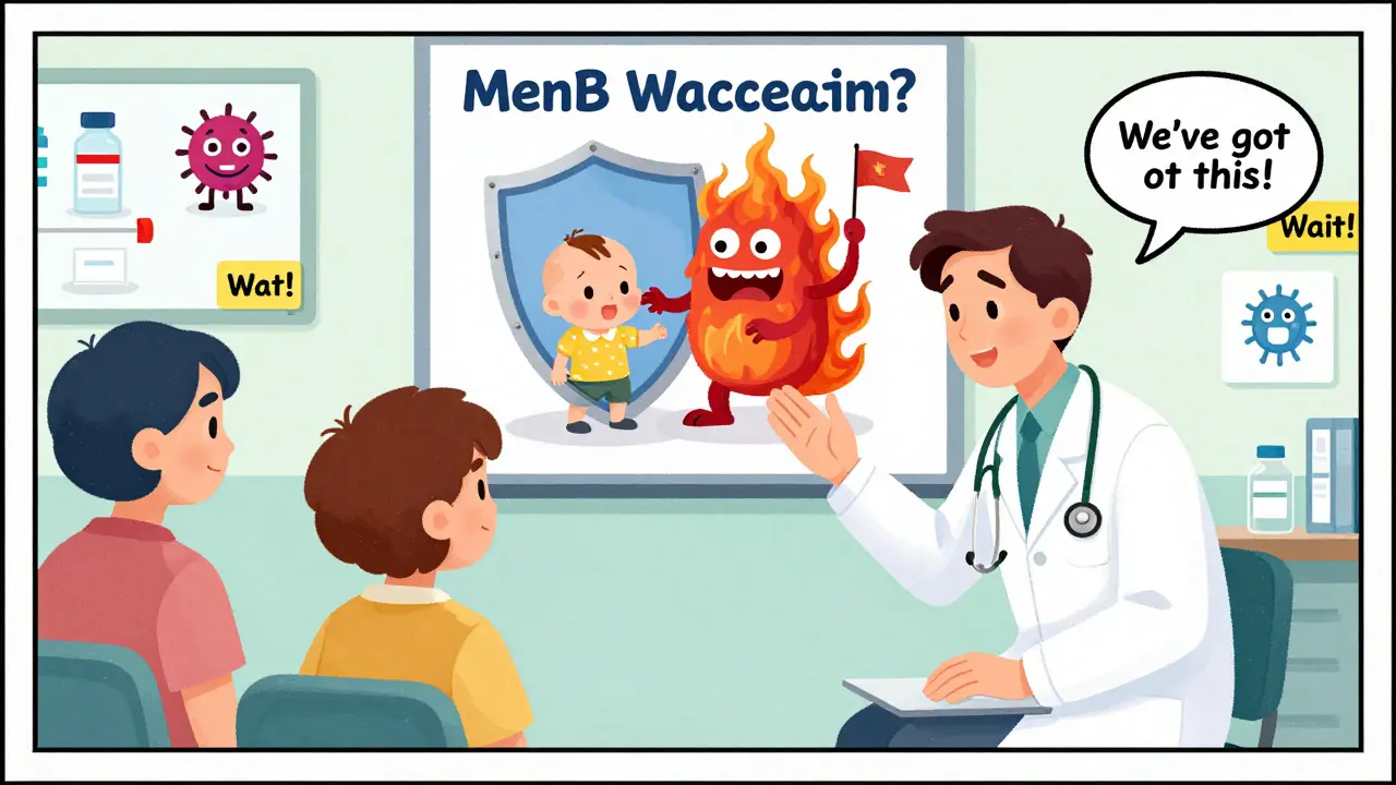 Pediatrician explains vaccine fever rules to parents, poster shows MenB vaccine as shield against fever monster