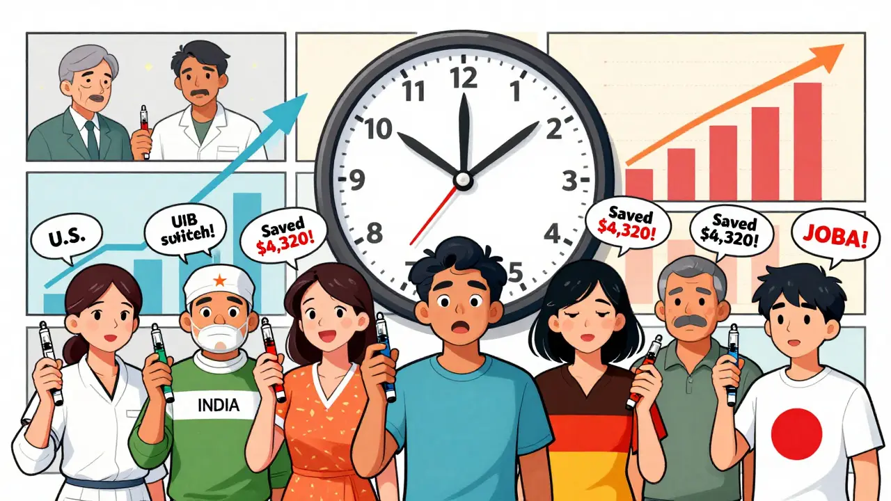 People from different countries holding insulin pens with price tags, as a clock shows rising biosimilar adoption worldwide.