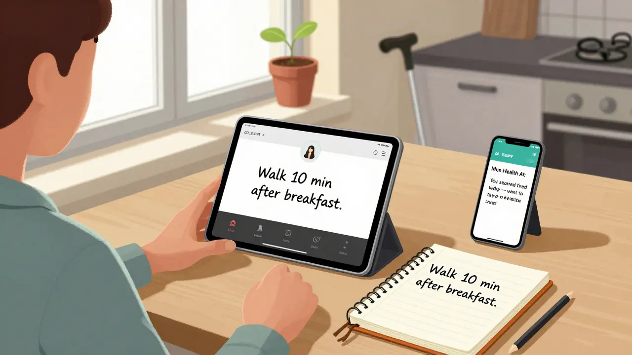 Person using tablet for online program while writing a walking goal on a kitchen notebook, with AI notification on phone.