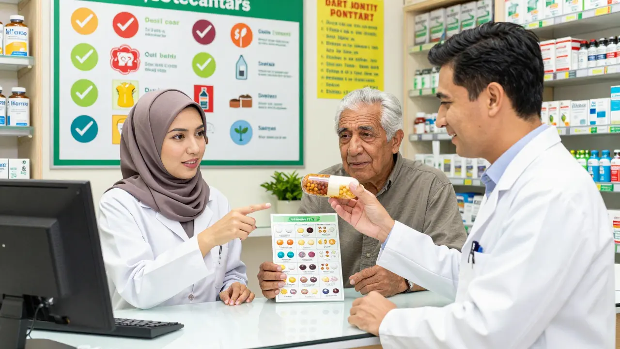 Pharmacist explains pill ingredients to patients using a visual guide with multilingual icons.