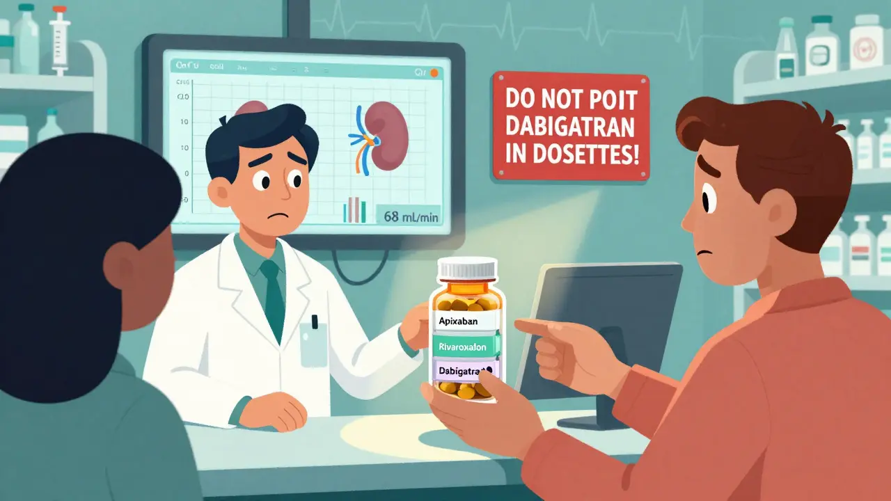 Pharmacist handing patient a pill organizer with DOAC bottles, one sealed bottle labeled 'Dabigatran' with warning sign